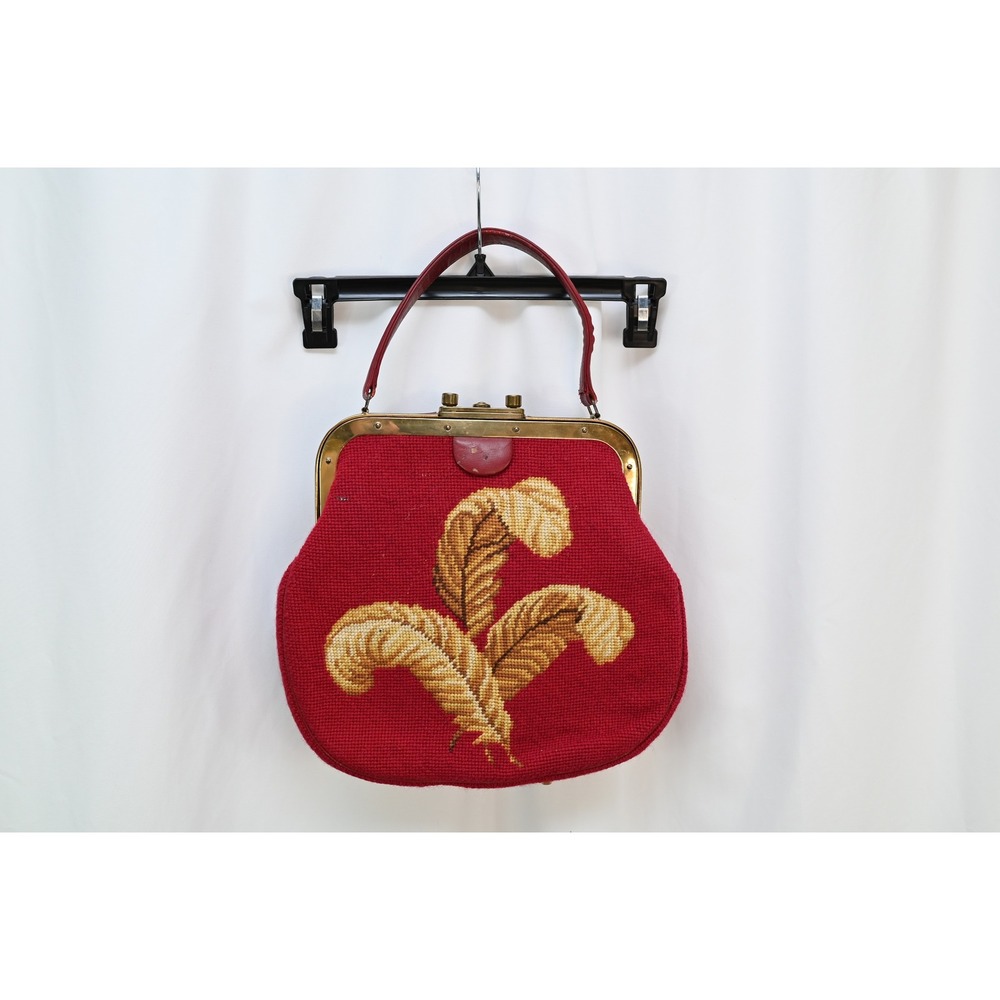 Vintage 60s Red Needlepoint Tapestry Handbag Gold Feather Brass Frame Kiss Lock